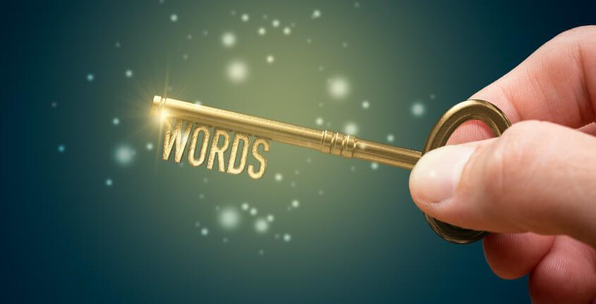 Uma chave escrito words - palavra em inglês